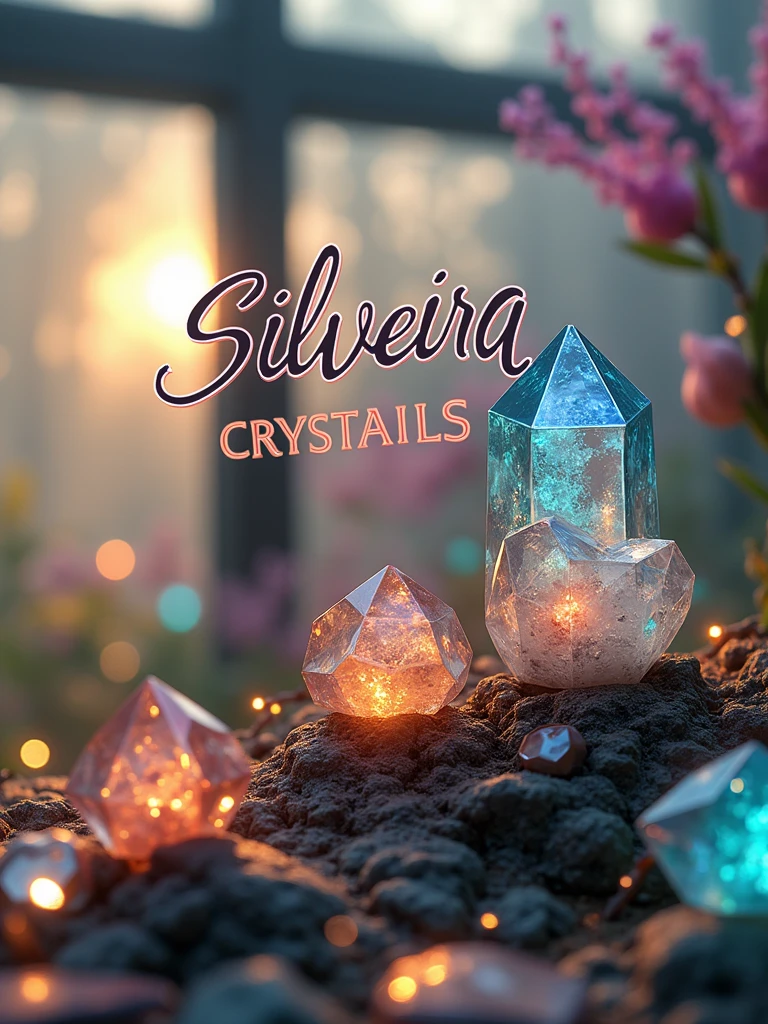 business logo with the name Silveira Crsytals written with drawings in crests and quartz and hearts with a magical background with colorful colors with bright crystals and neon colors, high quality for a store