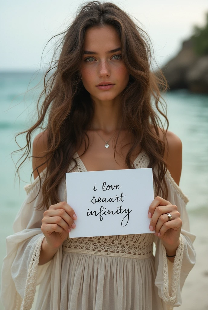 Beautiful girl with wavy long hair, bohemian dress, holding a white board with text "I Love Seaart Infinity" and showing it to the viewer