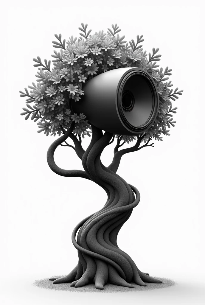 A black and white whimsical tree with a trunk that looks like a speaker, branches that resemble audio cables, and leaves made of musical notes
Replace leaves are branches with a one Big internal speaker
Merge leaves and branches with the speaker , no leaves and branches will not appear
Remove leaves and branches