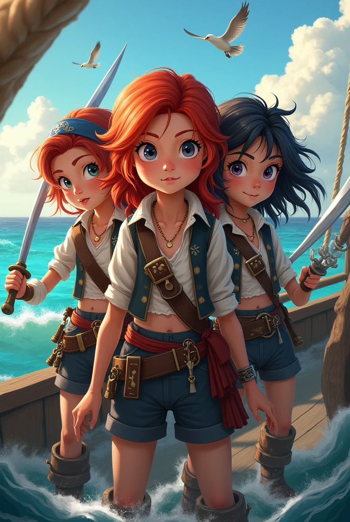 Three child pirate girls two with red hair and one with black hair