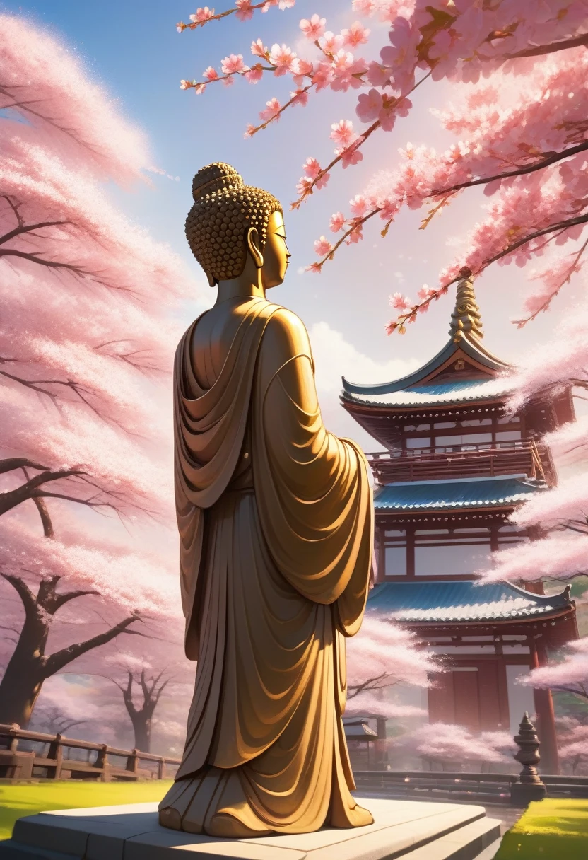 A seated Buddha statue with his palm open,  anime screencap, depth of field, masterpiece, best quality, vivid colors, The background is a temple with many sakura trees in the background and a summer breeze with sakura petals
