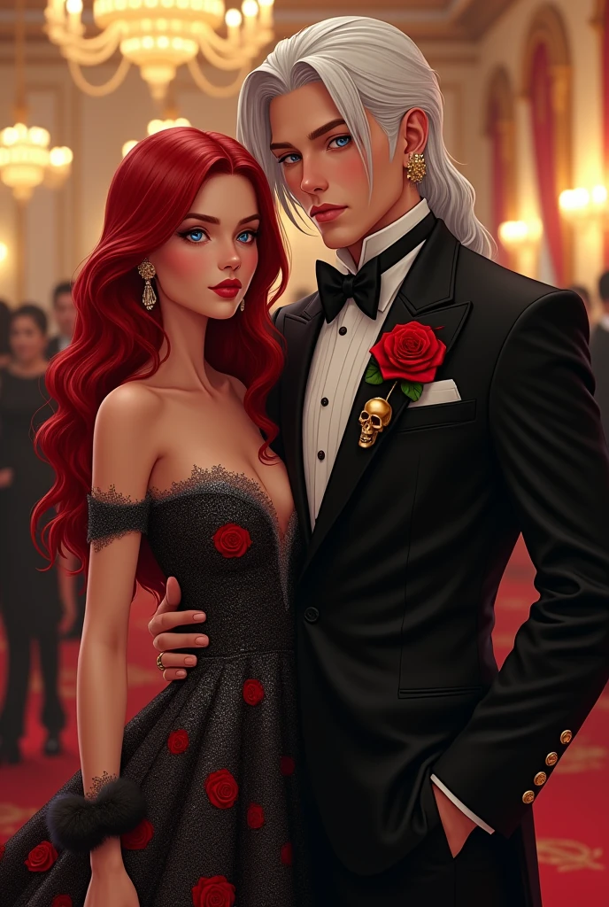 A couple is attending a lavish gala in a grand, opulent mansion. The woman is a young lady with peach skin and long, wavy red hair. She is wearing a striking black and silver evening gown adorned with a red rose, exuding elegance and confidence. Beside her stands a handsome 3 man with long white hair, dressed in a black suit. A red rose is pinned to his lapel, alongside a golden skull, adding a touch of mystery and sophistication to his appearance. The atmosphere is luxurious, with chandeliers casting a warm glow over the scene. (Illustration)