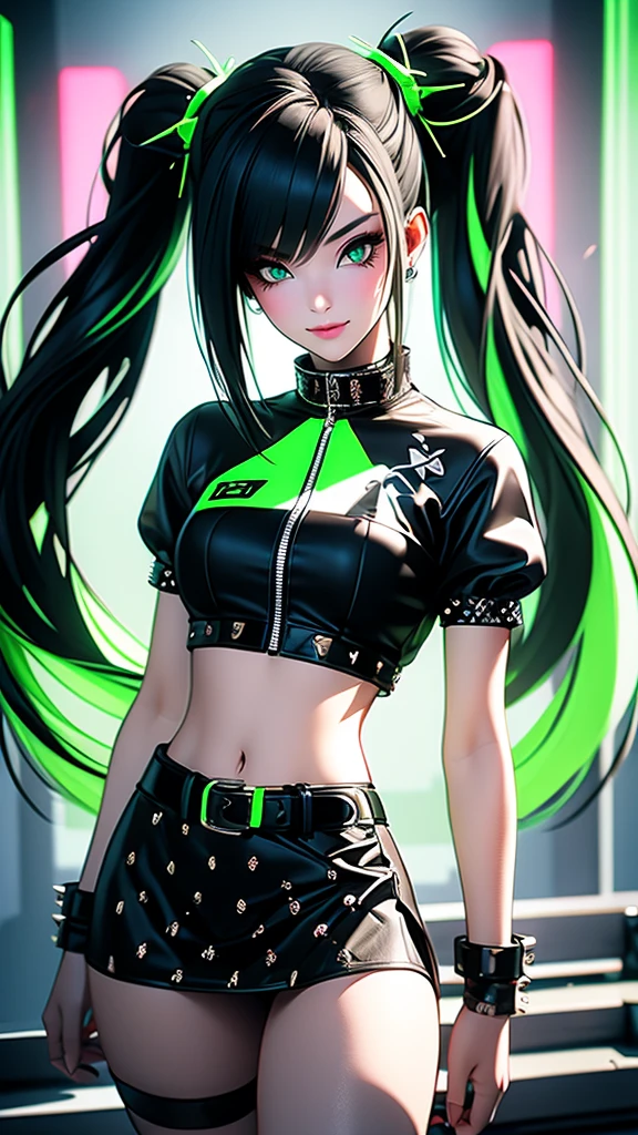 a beautiful girl with long hair, twintails, and a collar, wearing a studded belt, skirt, crop top, shirt, and jewelry, in a liquid ink sumi drawing style with a poison green color scheme and an acid noir neon punk aesthetic, looking at the viewer with a smile, highly detailed, photo-realistic, 3D unreal render, VFX, HDR, UHD