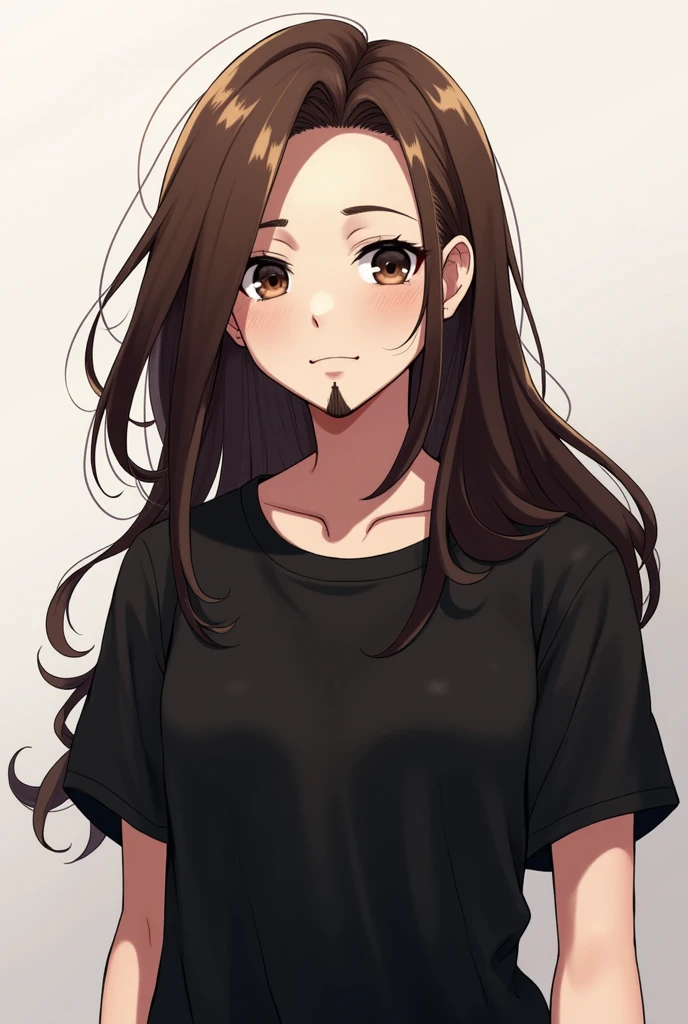 Make a white anime character with dark brown eyes and long brown hair, with a goatee and a black t-shirt.