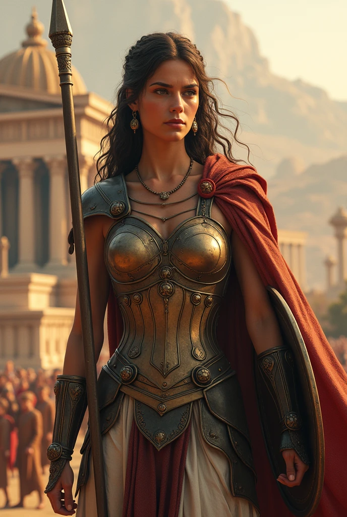 Atenea, a wise and just protector with a calm expression, Ancient Greece, dressed in armor with a shield and spear, a grand city behind her, guiding and defending heroes like Odiseo and Perseo, with a cityscape and temples in the background, medium shot, hyper-realistic, photo realism, cinematography --ar 9:16