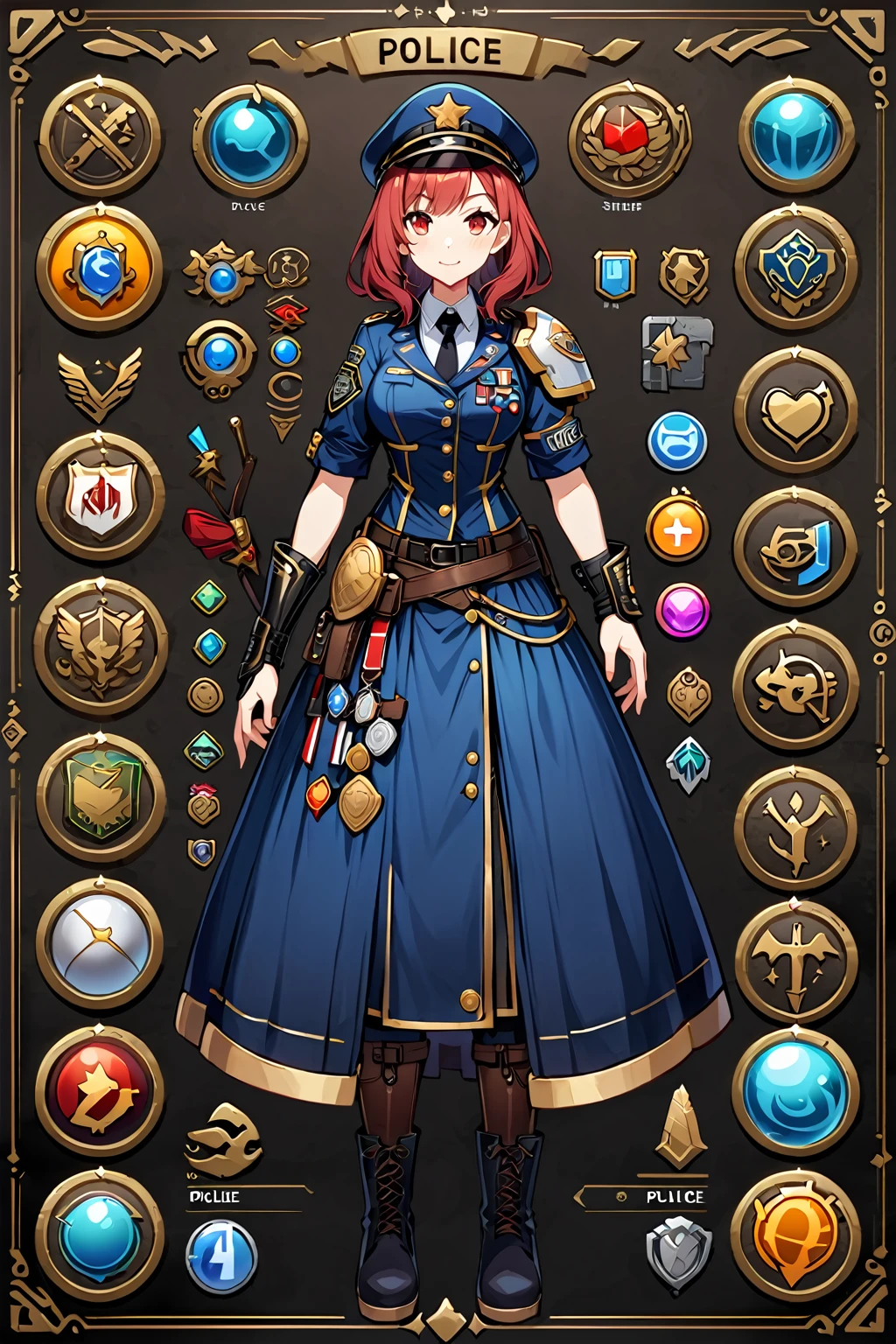 Framed Presentation of a police, woman character design sheet for a video game with detailed accessories, boots, multiple icons, and police costume, Ball Gown, buttons to customize the character to your liking, sphere,(game icon),medal icon,rpg,(game icon),medal icon,rpg,(sheild icon),(magic icon),