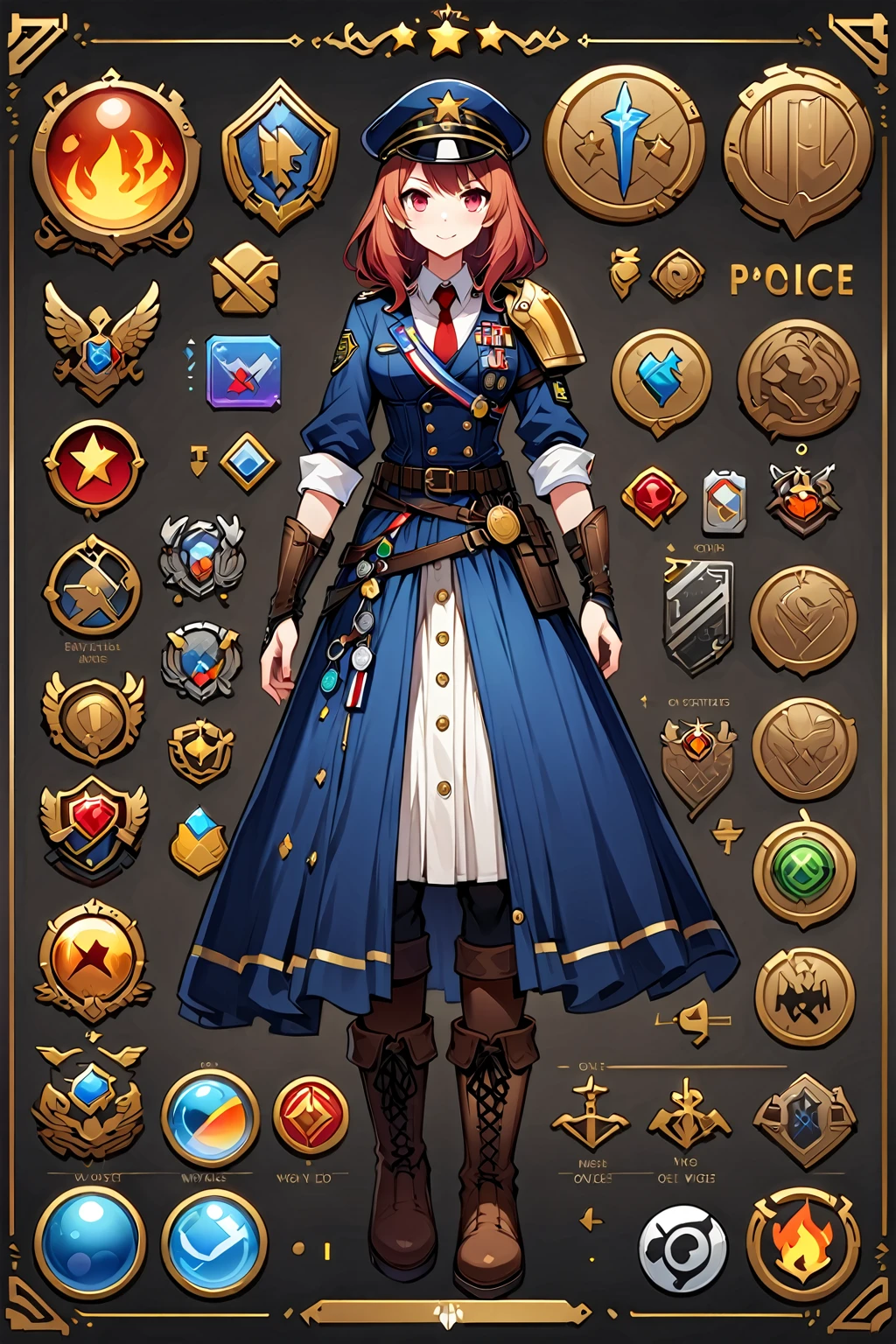 Framed Presentation of a police, woman character design sheet for a video game with detailed accessories, boots, multiple icons, and police costume, Ball Gown, buttons to customize the character to your liking, sphere,(game icon),medal icon,rpg,(game icon),medal icon,rpg,(sheild icon),(magic icon),