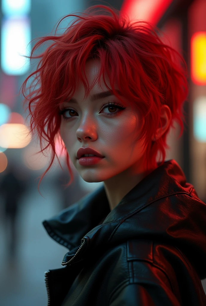 beautiful girl, half body portrait, short bright red disheveled hair, black eyeshadow, (street style wear:1.2), (city background:1.2), dark makeup, digital art, trending on artstation, highly detailed, fine detail, intricate,  beautiful detailed glow, detailed, Cinematic light, highres, detailed facial features,sharp focus, smooth, aesthetic,