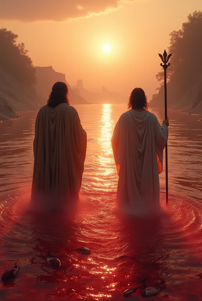 Waters Turned into Blood: Moses and Aaron, following God's instructions, Aaron touched the Nile River with a shepherd's staff, and all the waters of Egypt turned to blood. The fish died, and the water became undrinkable.. 4k