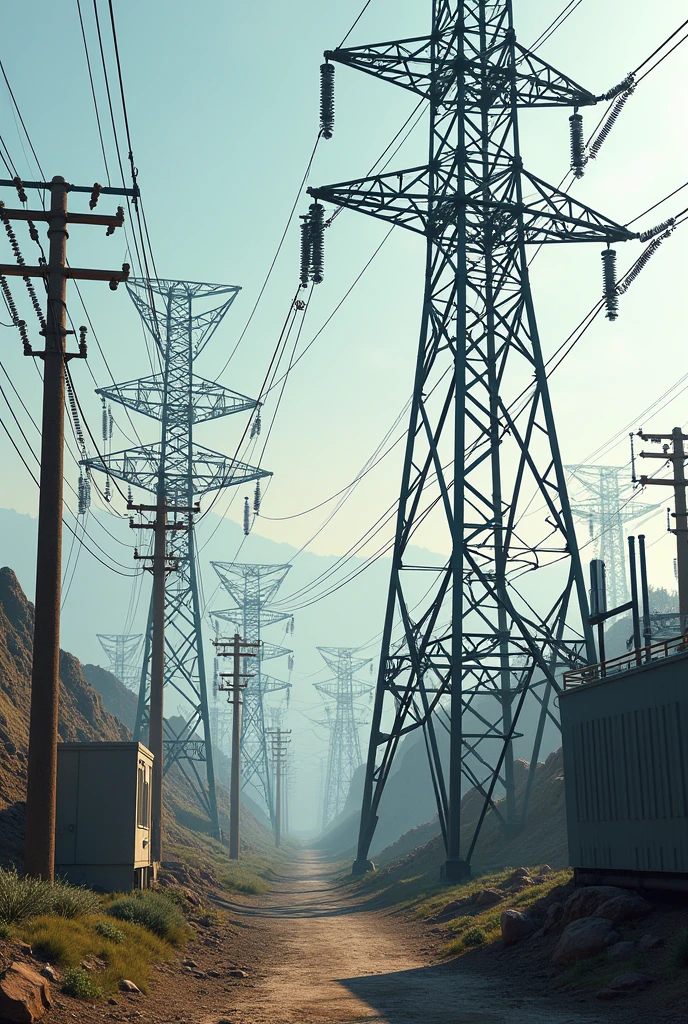 Create a detailed picture of a modern, complex power grid. The scenario should include a wide range of typical elements of a power grid, as transmission towers, power poles and high voltage lines, intricately interconnected. Towers must be robust and well defined, with an industrial and metallic design, contrasting with the sky in the background. Add power lines extending in different directions, with visible details on the cables and insulators.
Include elements such as substations with transformers and control equipment, that are harmoniously integrated into the scenario. In the foreground, insert a small area with visible wires and components into a distribution board, showing the inner workings of the network. Also include technical details, as labels and numbers on towers and poles, to give a sense of realism and complexity. Lighting should highlight the metallic textures and structure of the towers, while the background should be slightly diffused to keep the focus on the electrical system