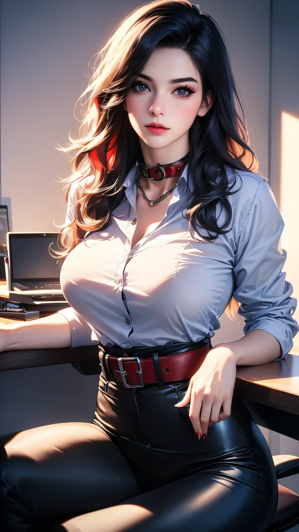 (best quality,4k,8k,highres,masterpiece:1.2),ultra-detailed,(realistic,photorealistic,photo-realistic:1.37),1girl,huge breasts,camel toe,sitting,legs spread,long hair,collar,solo,shirt,pet collar,chain,office,sitting on office desk,papers,unbuttoned clothes,black hair,upper body,unbuttoned shirt,jewelry,white shirt,plain background,wavy hair,colored hair red pop punk,makeup,black leggings,belt