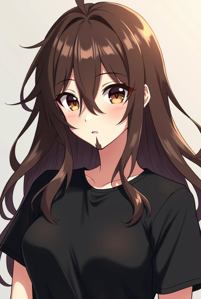 Make a white anime character with dark brown eyes and long brown hair, with a goatee and a black t-shirt.