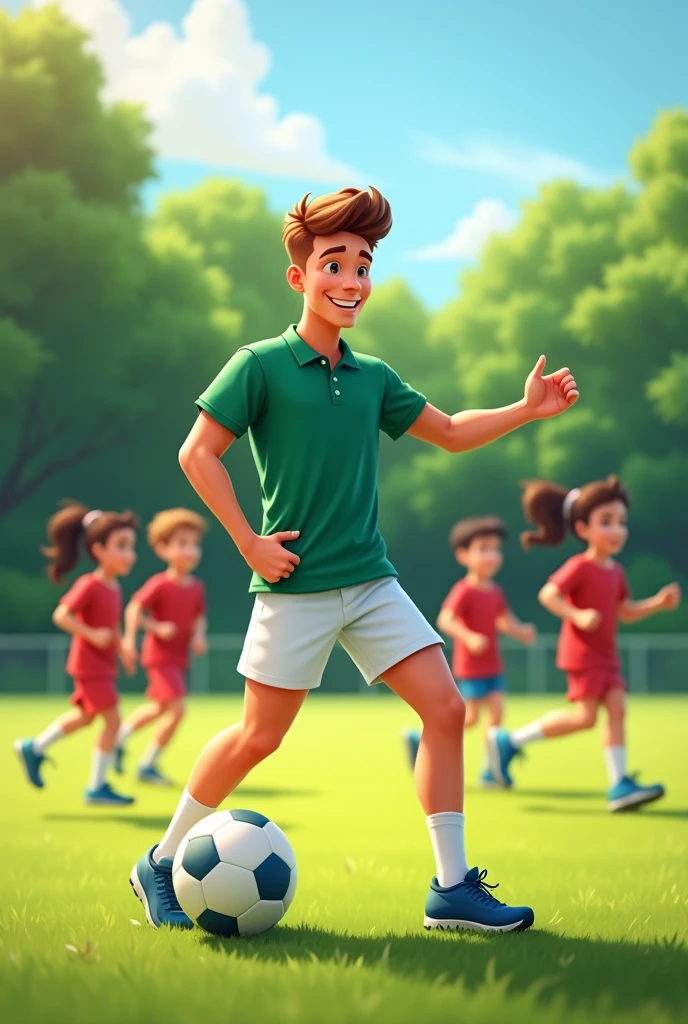 a young white guy with brown hair and eyes being a physical education teacher on a soccer field and wearing a green shirt and white shorts