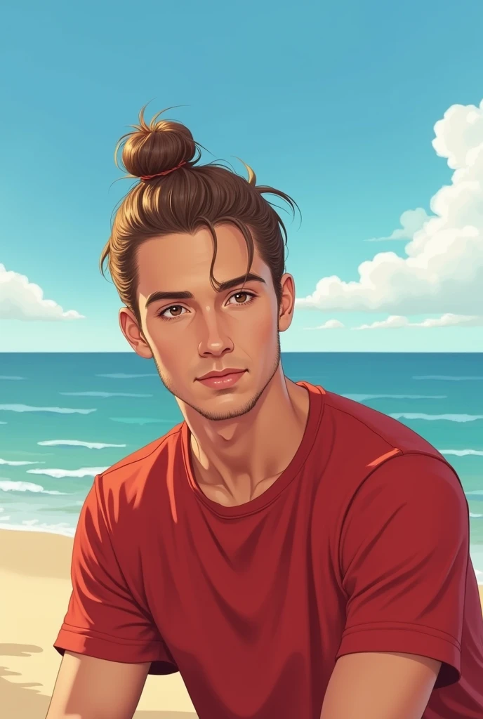 Create a man with short hair , Caucasian skin, Light brown bun hair,  lightbrown eyes. Red shirt on the beach