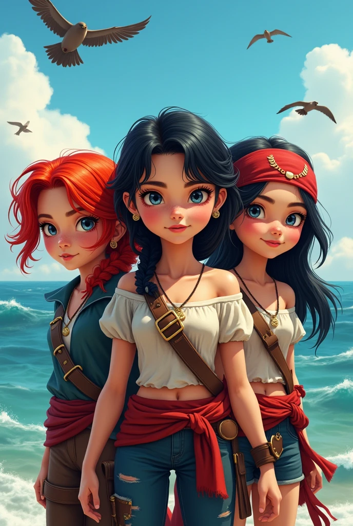 Three child pirate girls two with red hair and one with black hair