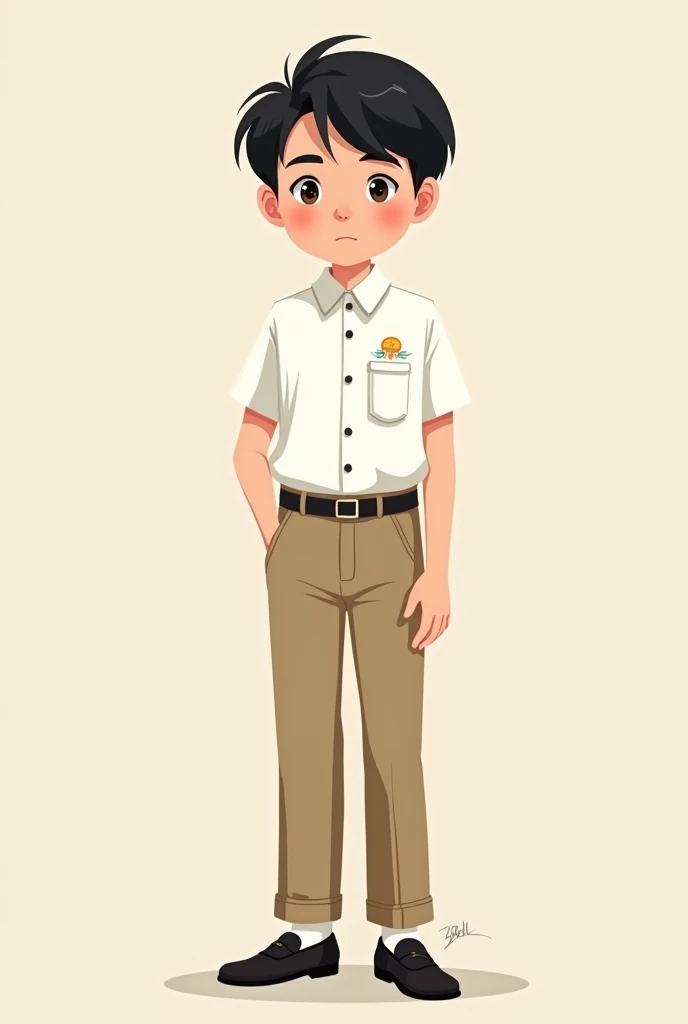 Boy student with student uniform white shirt and beige pants with black shoes the boy must be posing for the photo in a formal manner the portrait must be in a cartoon