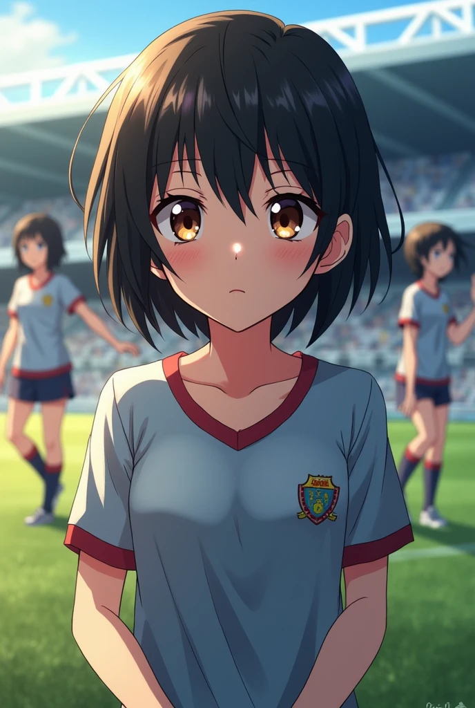 Inazuma Eleven character, a shy woman with dark black short hair and brown eyes