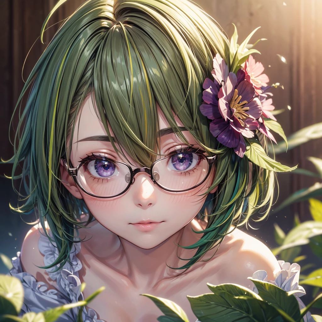 (8k, RAW Photo, Top Quality, Refined Details, Masterpiece: 1.2), (High Resolution 8k Wallpaper), Sharp Focus, Professional Lighting, Depth of Field, Cinematic Lighting, Background Blur,female,solo,(short hair,brown hair:1.3),(green streaked hair:1.35),purple eyes,(detailed eye:1.1),facial detail,hair detail, (ahoge:1.2),(glossy hair:1.3),(bangs bangs:1.2),(hair between eyes:1.1),(small breasts:1.2),hair_flower, (details of glasses:1.1),blue-framed_eyewear,