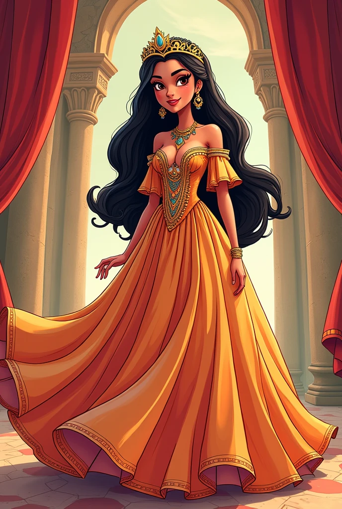 Drawing Cartoon big girl wearing a Beautiful volume and fluffy dress , make it like Arab princess  Painted in beautiful colors with 2d drawing and make black outline more details