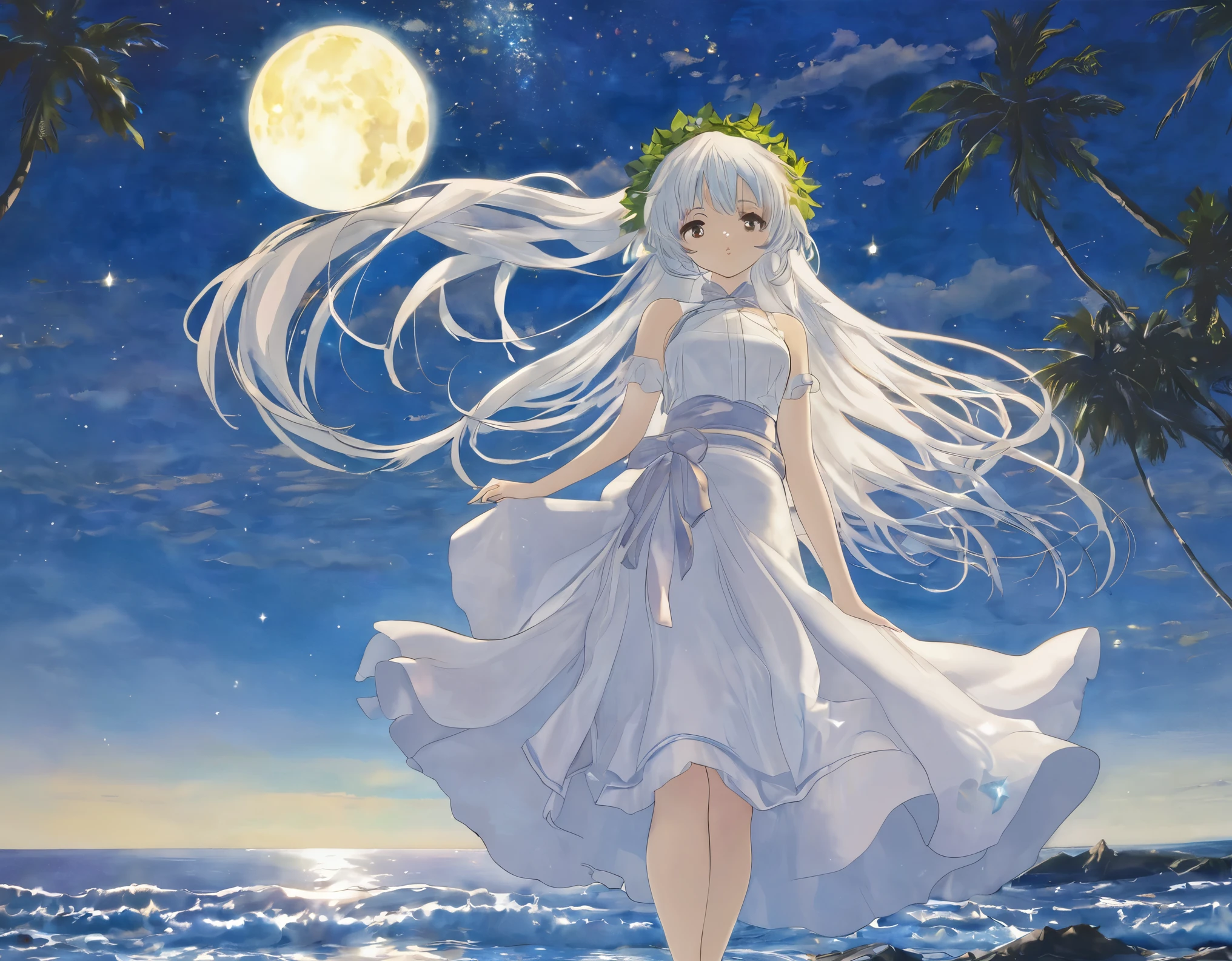 純whiteの少女は氷のような翡翠色ではない.. Her long hibiscus hair reaches down to her waist.... 彼女は金属の縁取りが施されたシルクのエレガントなwhiteいストッキングを履いている。.。.(white, Translucent meat) Embarrassed look。Spoony。 Setting up the scene: A bright moon rises over the sea,The End of the World is Now(Beautiful starry sky and Milky Way) Wearing a wreath on her head, A dreamlike wind blew her clothes away...