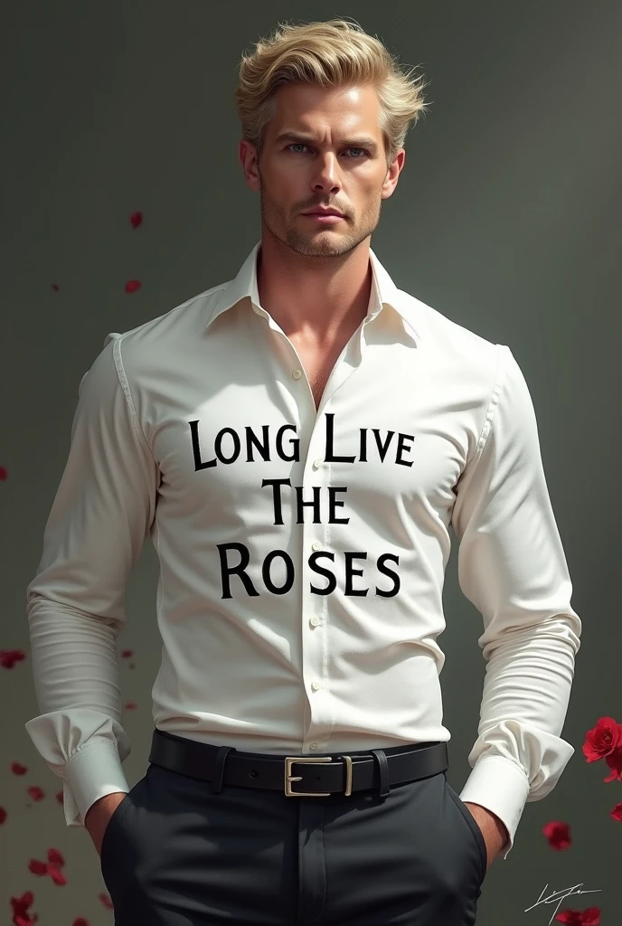 Klaus mikaelson of the originals with a white shirt that says long live the roses