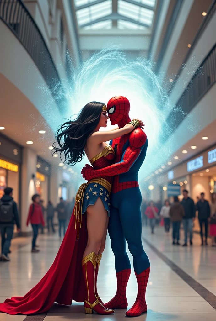 wonderwoman and spiderman hug in a mall whith interdimensional portal behind them