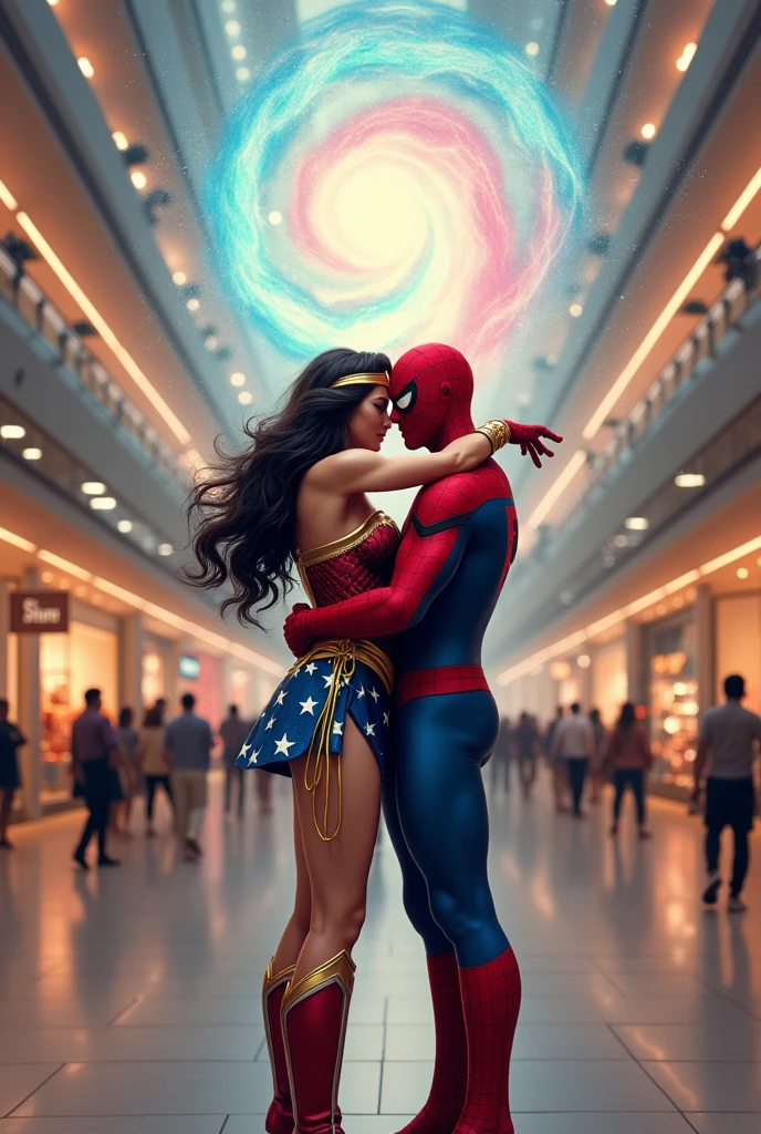 wonderwoman and spiderman hug in a mall whith interdimensional portal behind them