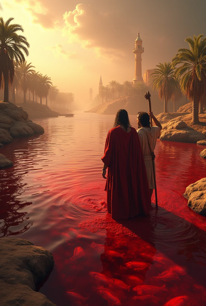 Waters Turned into Blood: Moses and Aaron, following God&#39;s instructions, They touched the Nile River with a staff, and all the waters of Egypt turned to blood. The fish died, and the water became undrinkable.. 4k
