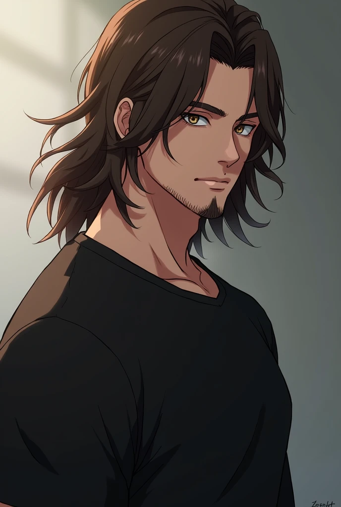 Make a male anime character with dark brown eyes and long brown hair, with a goatee and a black t-shirt.