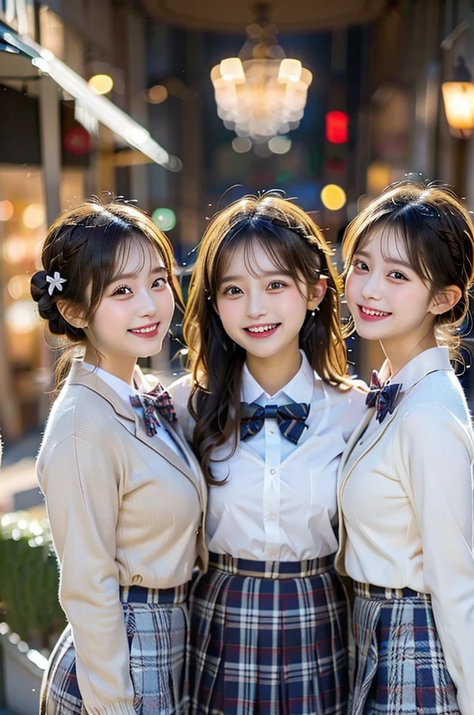 Three Beauties,3 girls, French Braid, Checked Skirt, a bow tie, winter blazer uniform, smile, big laugh