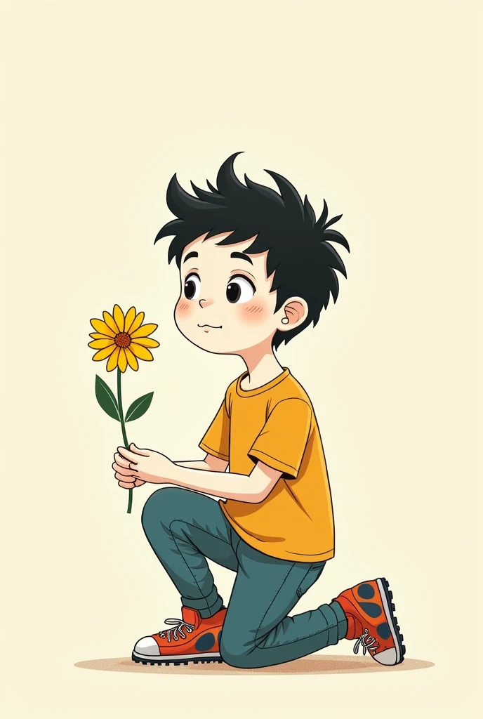 Boy with messy haircut and black color and skater style and white skin kneeling offering yellow flower 2d animated style
