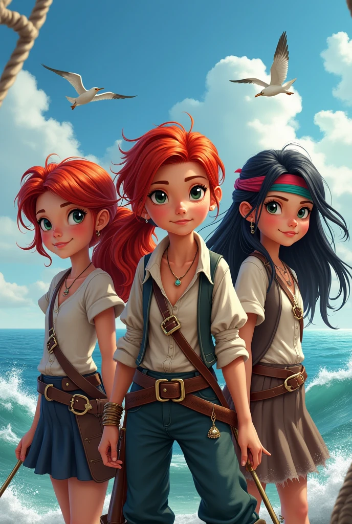 Three child pirate girls two with red hair and one with black hair