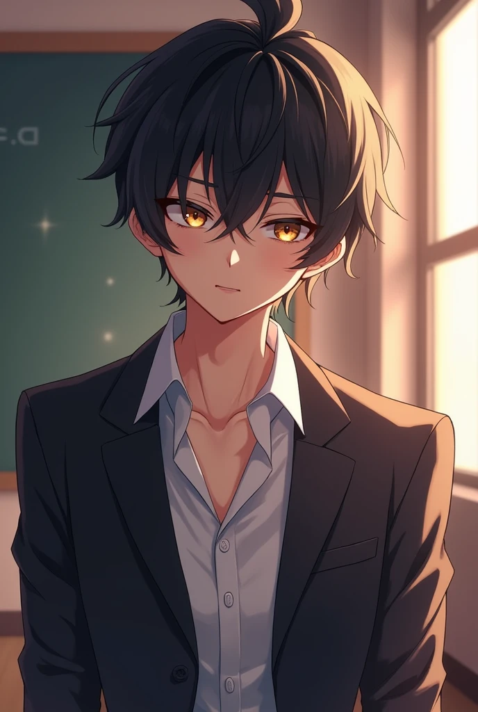 ((Best Quality)), ((masterpiece)), ((detailed)), ((High Definition)), A high school student in anime style, with honey-colored eyes and black hair. He is handsome, attractive and cool. He wears his school uniform. The lighting is soft, highlighting her facial features and giving an enigmatic glow to her eyes., which gives him an air of leadership. Pose of boredom. A classroom in the background.