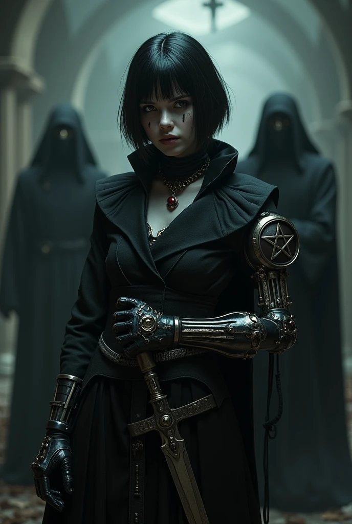 A pale girl with short black hair, from the middle ages 3D, realisitic, arcane style, in dark alchemist clothes with a steampunk prosthetic left arm with a pentagram, cut on the face, Dagger at the waist, with a religious group behind, the night, tenebrosa.