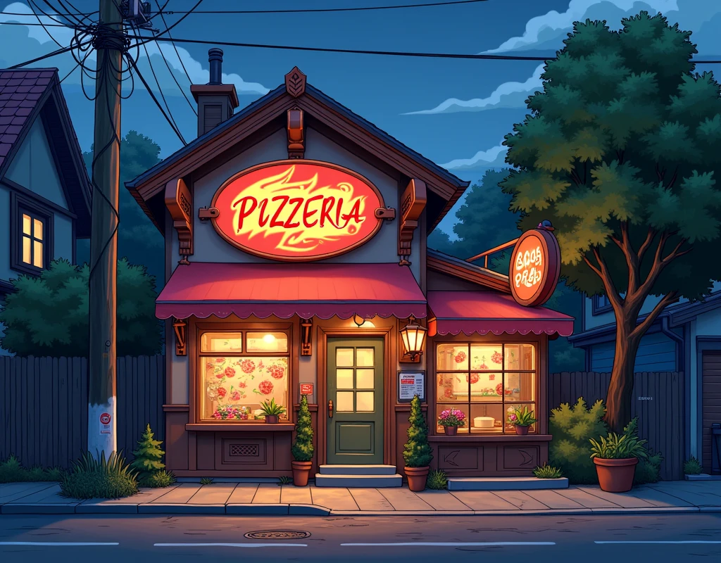 Pizzeria scenario, only the establishment, no customers, no employees, It's Night, The establishment's sign says Anime Style Pizzeria