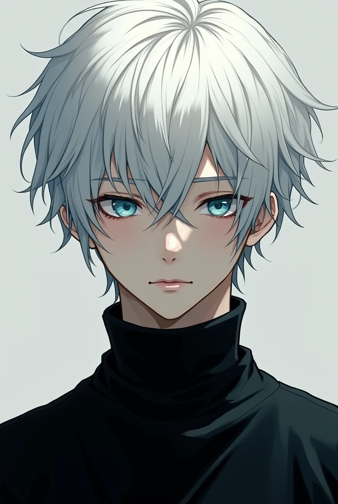 Boy with white hair , expressionless look , blue eyes  , looking straight ahead , tired eyes and has a black turtleneck 