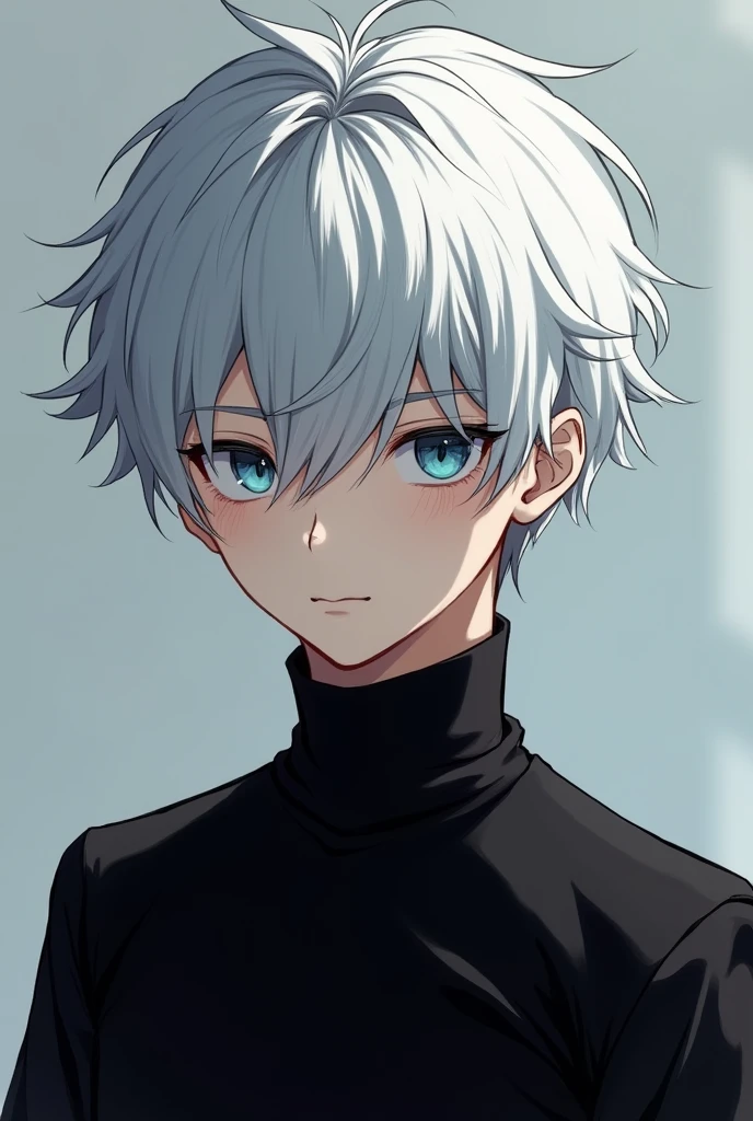 Boy with white hair , expressionless look , blue eyes , looking straight ahead , tired eyes and has a black turtleneck