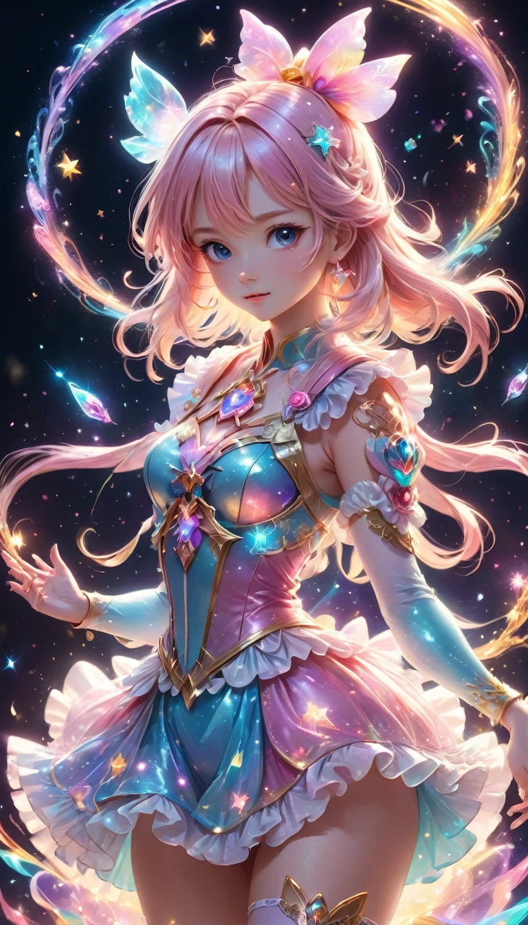 Anime, Illustration, Magical Girl,, Magical Girl Costume: Detail, Magic Effect, Light, Very Light, Artistic, Artist, Color Art, Use of Magic, Fancy, Fantasy, Cute, Very Cute, Masterpiece, Masterpiece, 3D, 8K, sparkling, rich colors, pastel colors, colorful spell casting, frills, details, beautiful light and shadow, fun, magical girl fighting with magic, dynamic pose, dynamic, dreamy, full body drawing