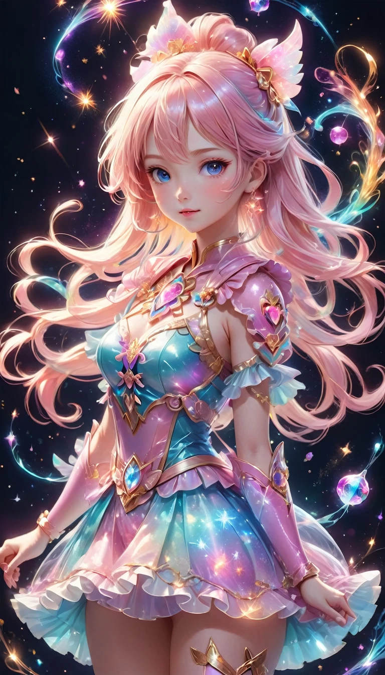 Anime, Illustration, Magical Girl,, Magical Girl Costume: Detail, Magic Effect, Light, Very Light, Artistic, Artist, Color Art, Use of Magic, Fancy, Fantasy, Cute, Very Cute, Masterpiece, Masterpiece, 3D, 8K, sparkling, rich colors, pastel colors, colorful spell casting, frills, details, beautiful light and shadow, fun, magical girl fighting with magic, dynamic pose, dynamic, dreamy, full body drawing
