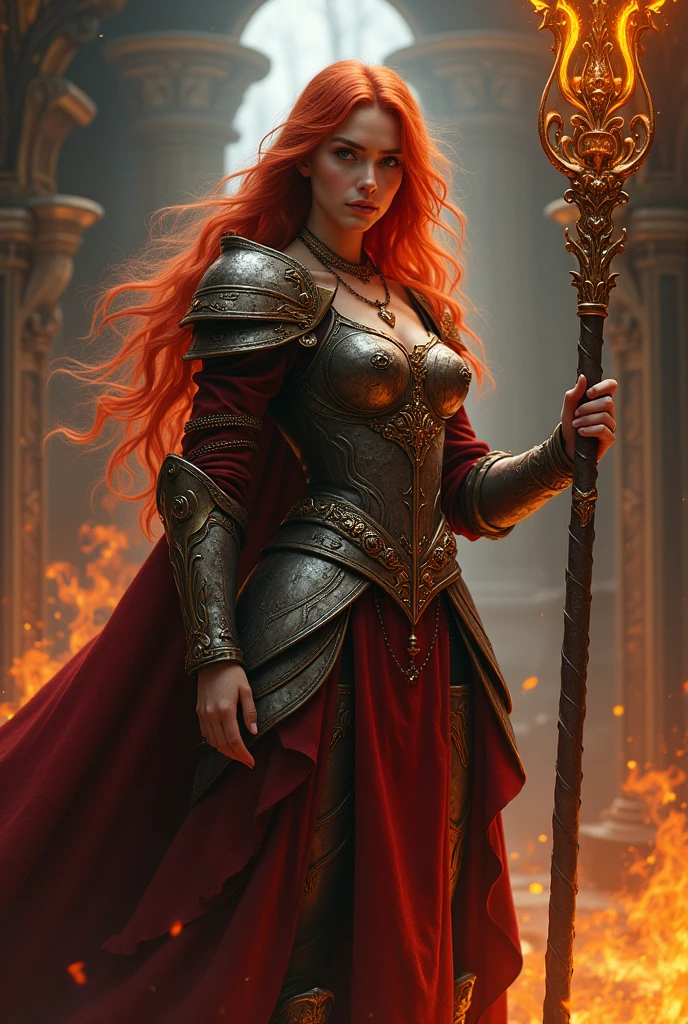 Beautiful girl in full growth , sorceress fire, in armor, stands at full height with a staff in his hands, off-shoulder, with long red hair, in room, soft lighting, Fighting pose, Fantasy, complex parts, warm colors full body 