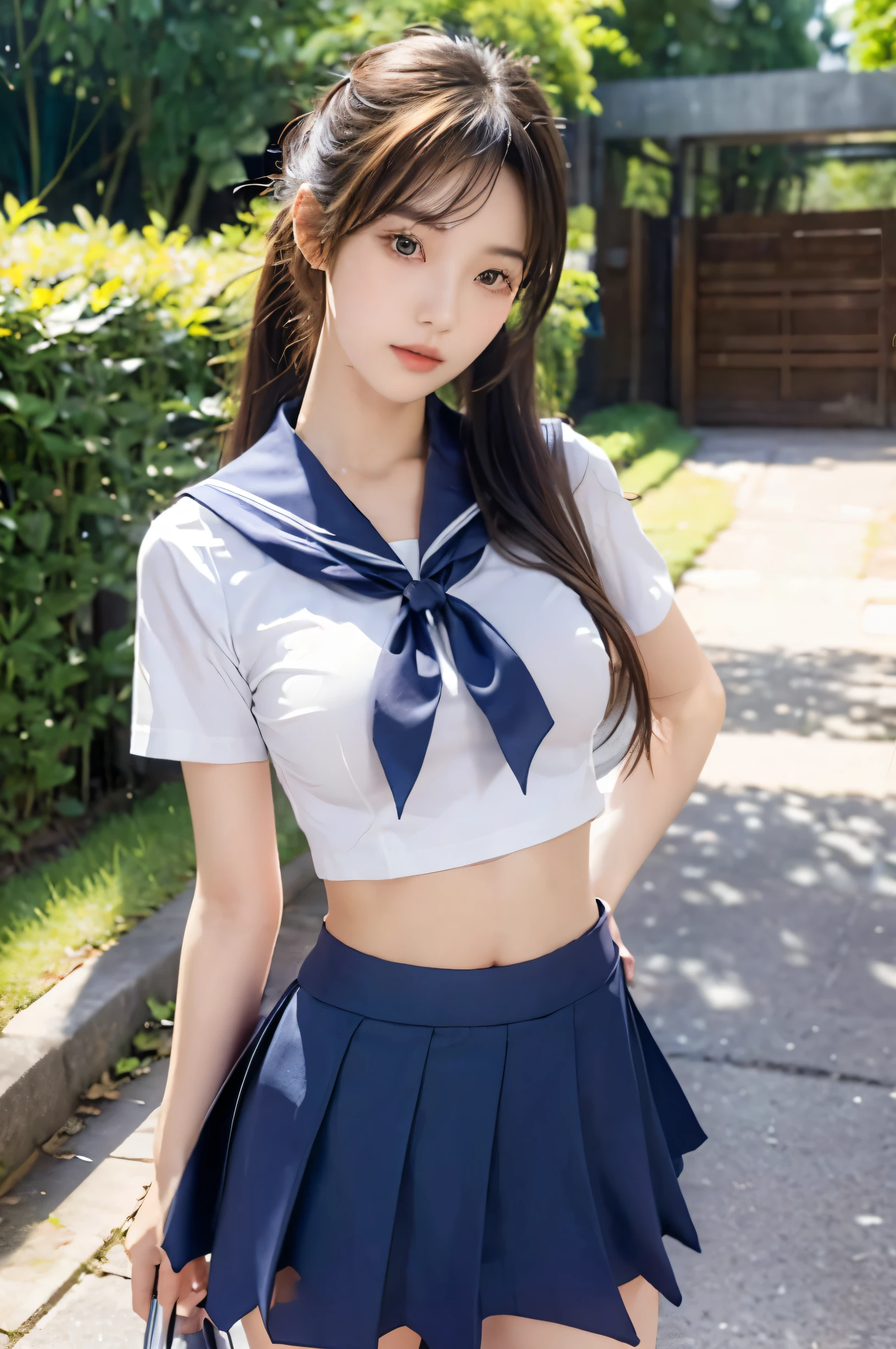 (Ultra HD), (Looking at me), (The whole body is shown), (Short-sleeved sailor uniform, Navy blue low-rise mini skirt), (Big Breasts:1.2), Super beautiful breasts, slender, Narrow waist, (Thin legs:1.2), (Thin thighs:1.2), (Thin Hips:1.4), (Beautiful Skin, Shiny skin, White skin), (Super slim face, Super beautiful face, No makeup, Smile:0.6), (ponytail, Layered Cut, Fluffy hair), (double eyelid, Slanted Eyes), (Small Nose), (Thin lips), Are standing, In front of the school gate