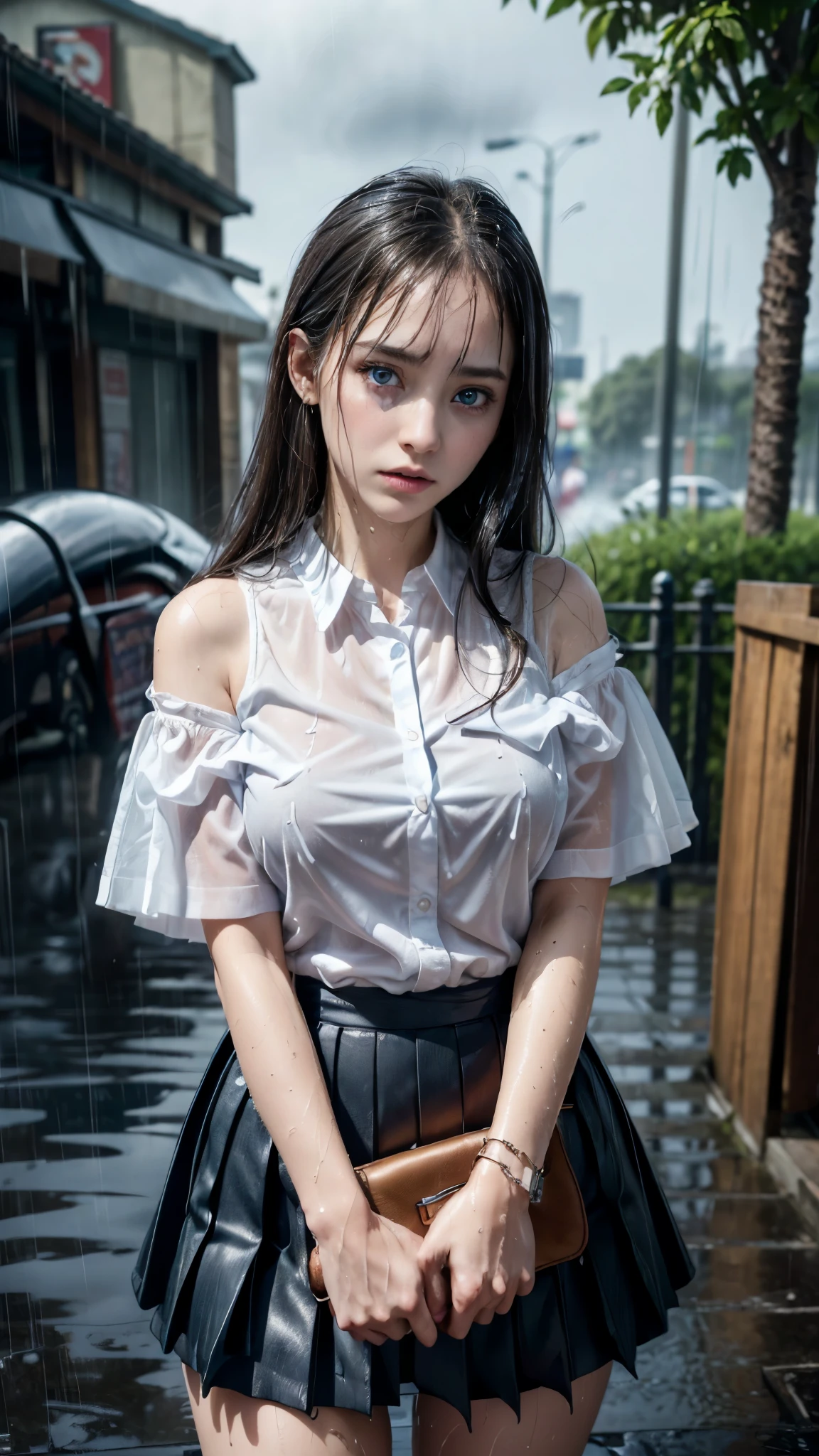 (RAW shooting, Photoreal:1.5, 8K, highest quality, masterpiece, ultra high resolution), perfect dynamic composition:1.2, street corner at night, cry:1.3, (((Typhoon heavy rain))), Highly detailed skin and facial textures:1.2, Slim high school girl wet in the rain:1.3, sexy beauty:1.1, perfect style:1.2, beautiful and aesthetic:1.1, Fair skin, very beautiful face, water droplets on the skin, (rain drips all over my body:1.2, wet body, wet hair:1.4, wet uniformスカート:1.2, wet uniform:1.3), belt, (Medium chest, Bra is sheer, Chest gap), (expression of sadness, lovelorn, The expression on your face when you feel intense caress, Facial expression when feeling pleasure), (beautiful blue eyes, Eyes that feel beautiful eros:0.8), (Too erotic:0.9, Bewitching:0.9), cowboy shot, shoulder bag, earrings, bracelet, clock