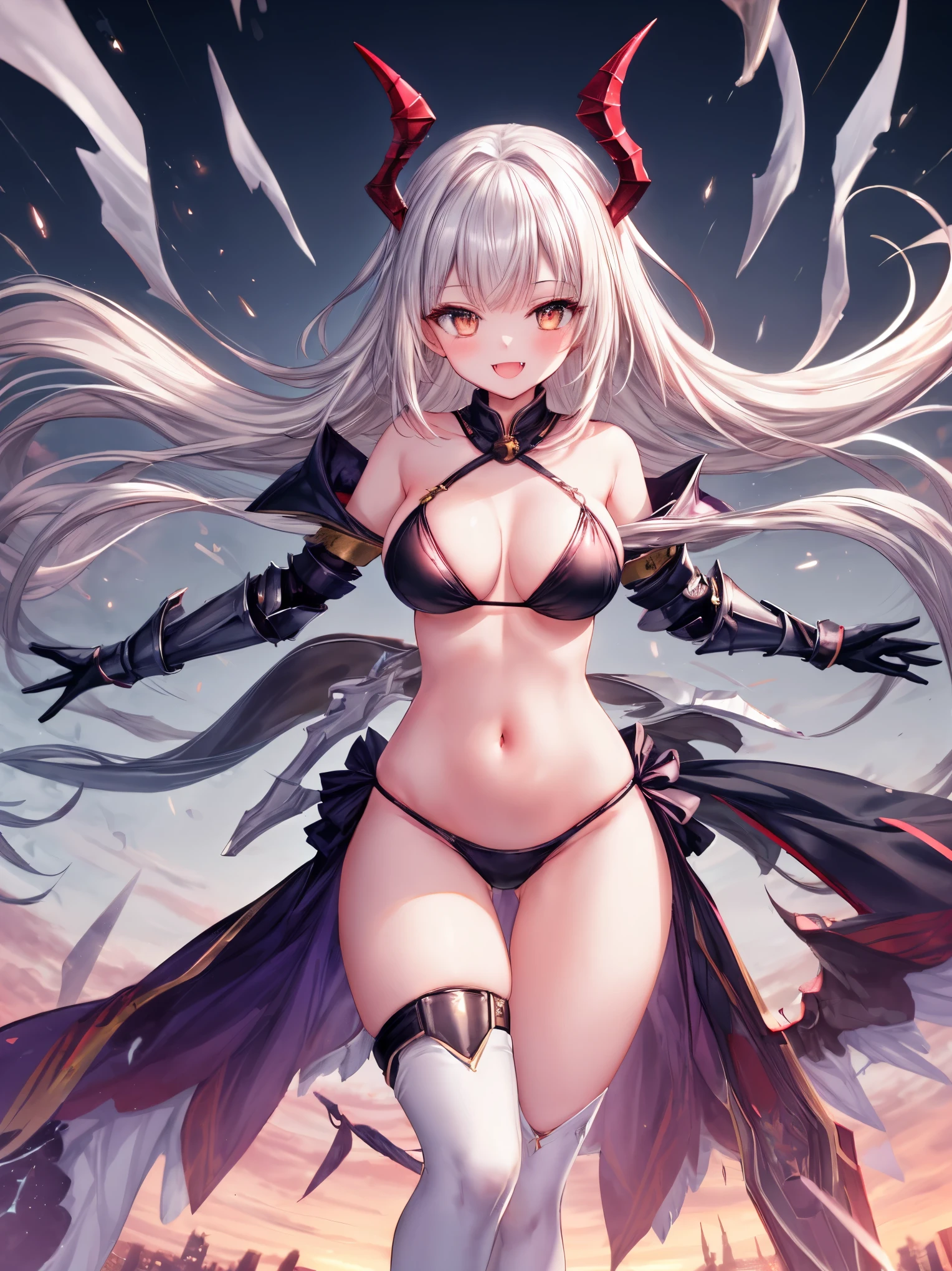 fantasy, 1devil_girl, low_, platina_blond_hair,long_bangs, bare_shoulder, navel out, thighhighs,silver_armor, red_Bikini,waist_armor, Glebe, hold_swords, large_tits, dynamic_floating_pose,Floating,(pelvic_curtain:1.3), silver_Headgear ,looking_down_at_sunrise_city_sky_background,,slightly_spread_legs,solo,horn ,smile,,open_legs,open_arms,rise_knee,rise_leg,rise_thigh,rise_leg,apart_legs,fang,Shiny_gold_eyes,crotch