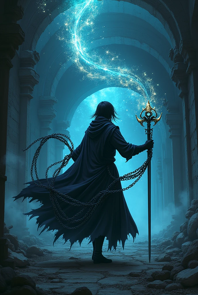 Anime black chain whip with drawing on the chains.