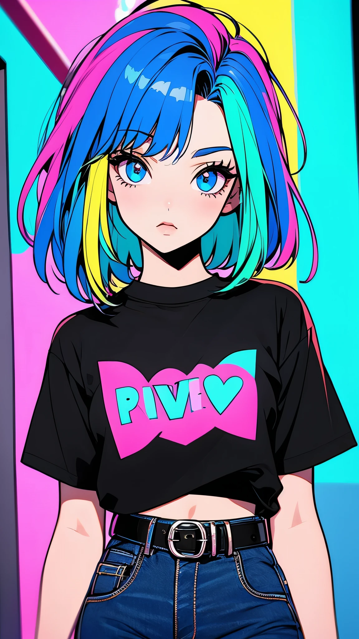 girl in black t-shirt and blue jeans, colorful pop-punk hair, beautiful eyes, belt, neon hearts
