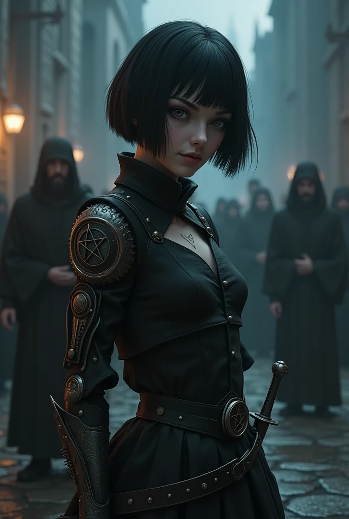 A pale girl with short black hair, from the middle ages 3D, realisitic, arcane style, in dark alchemist clothes with a steampunk prosthetic left arm with a pentagram, Scratch on the face, Dagger at the waist, with a religious group behind, the night, tenebrosa.