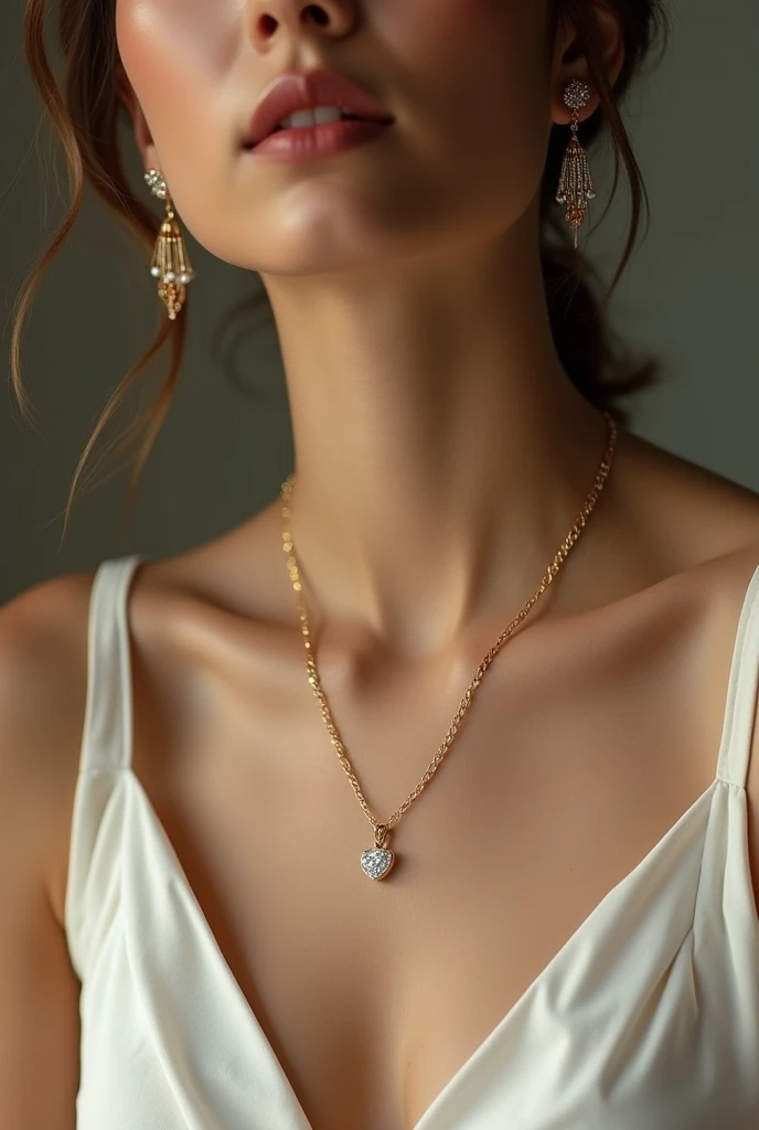 Photo of a woman&#39;s white neck with a gold necklace with a heart-shaped diamond pendant 