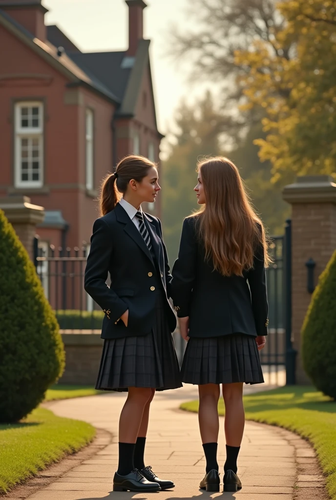 documetary photograph of many tender, compassionate, kind, flirty, shy smile, attractive, pretty, cute, passionate sapphic lesbian women who want to kiss and love all wearing long pleated skirts and short blazers and girly low heeled shoes, (wind blowing, windy:0,1)