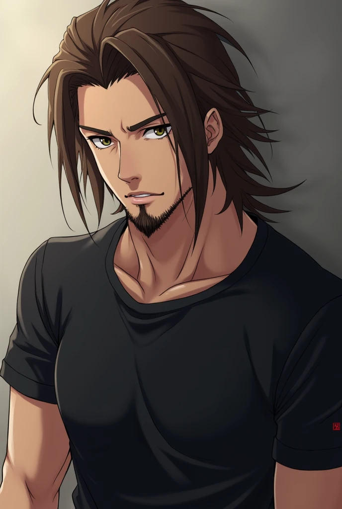 Make a male anime character with dark brown eyes and long brown hair, with a goatee and a black t-shirt.