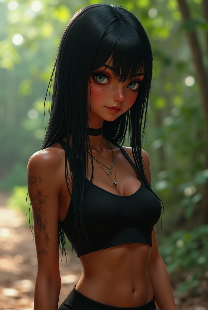 A girl with a tall head, hair is black. Skin is sunburned dark. And she has a black sweat crop top and leggings. real life.